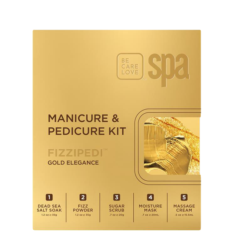 A gold-colored box for a Fizzipedi Manicure & Pedicure Kit by Be Care Love Spa, featuring five included steps: Dead Sea Salt Soak, Fizz Powder, Sugar Scrub, Moisture Mask, and Massage Cream.