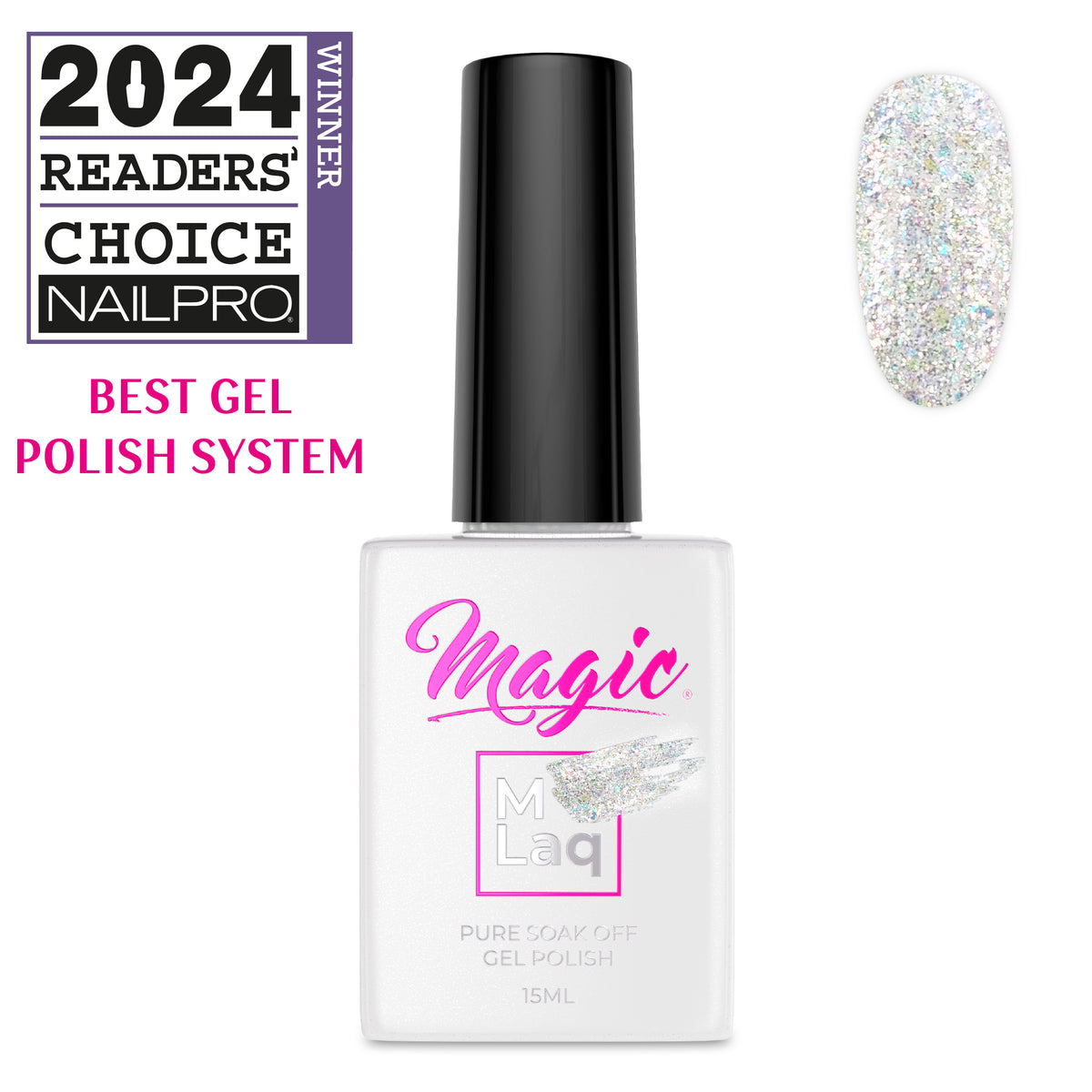 Magic Mlaq Gel Polish Champagne Confetti #349 gel polish bottle and color swatch