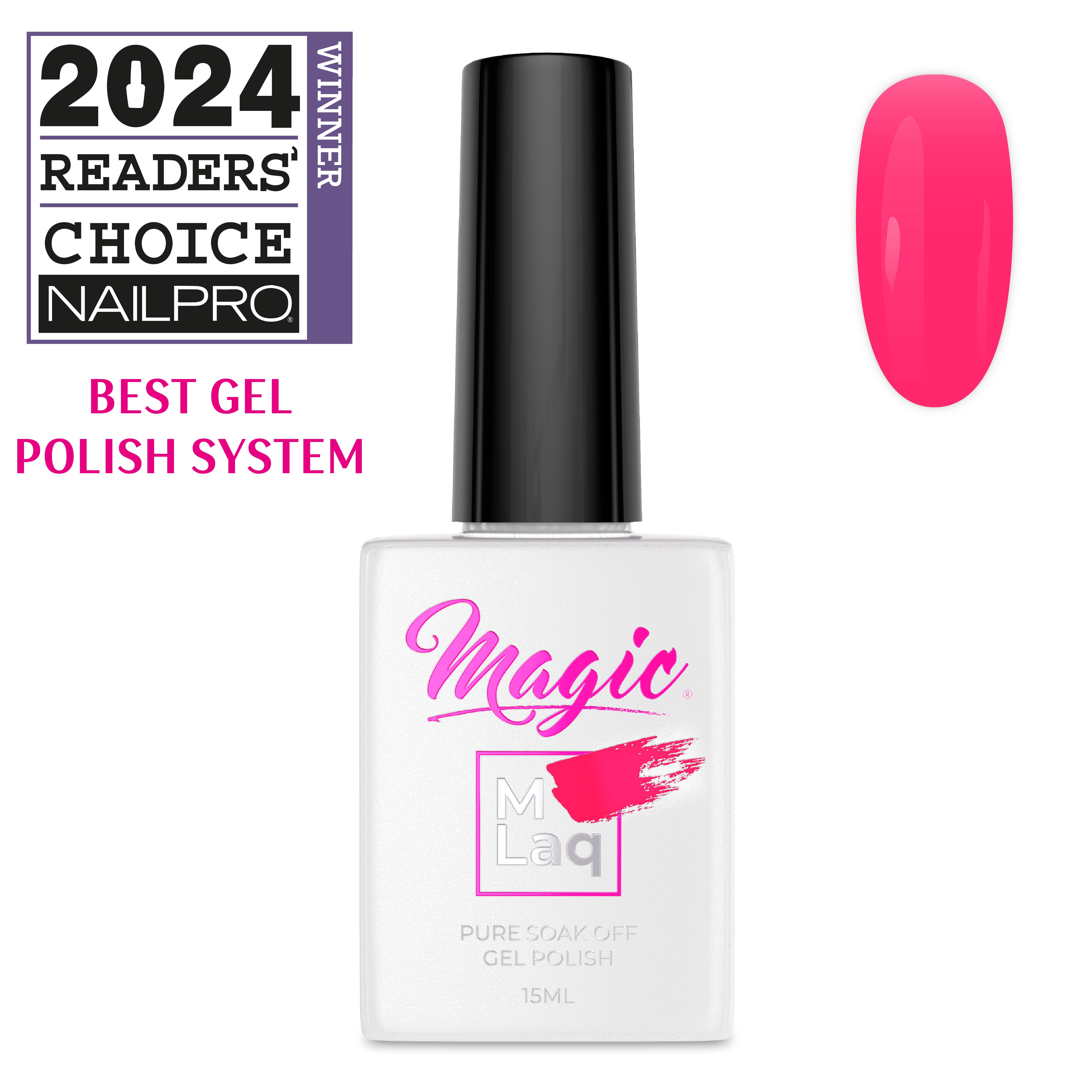 Magic Mlaq Gel Polish Electric Strawberry #357 gel polish bottle and color swatch