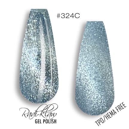 Two nail polish swatches on a white background, labeled #324C, showing a light icy blue glitter gel polish. Text at the bottom reads 'Root Claw GEL POLISH' and 'TPD/HEMA FREE'.