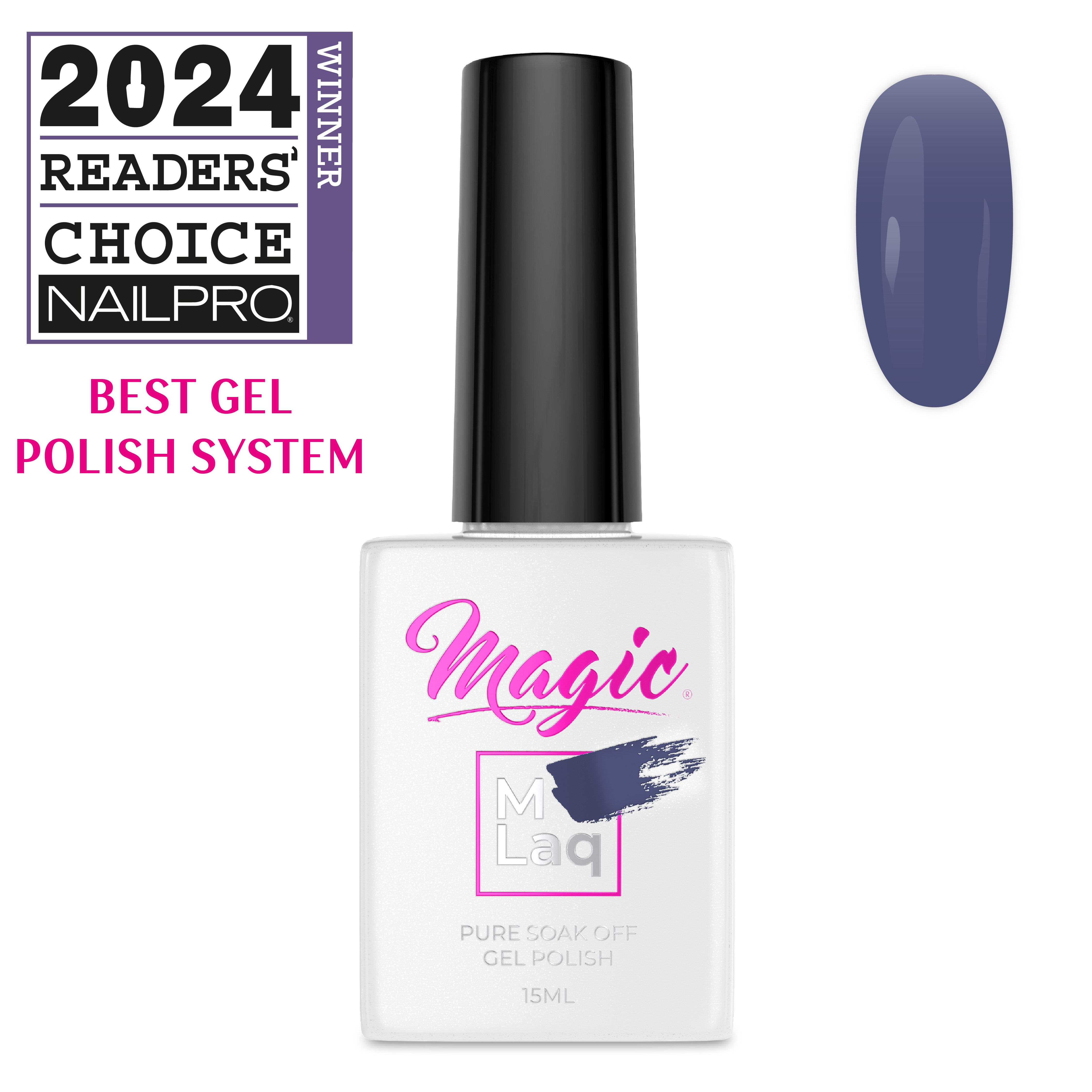 Magic Mlaq Gel Polish Muted Ink #387 gel polish bottle and color swatch