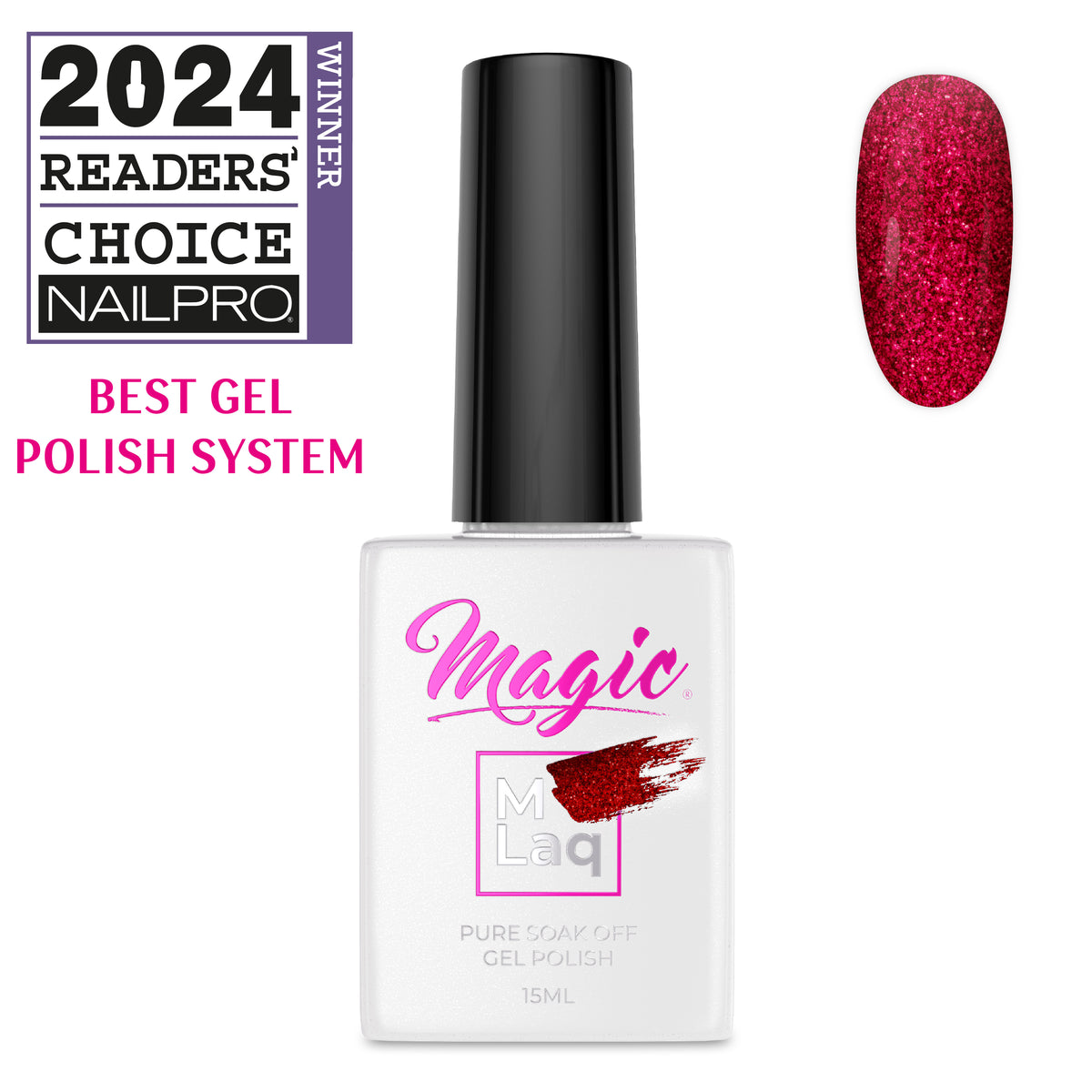 Magic Mlaq Gel Polish Merry Glimmer #395 gel polish bottle and color swatch