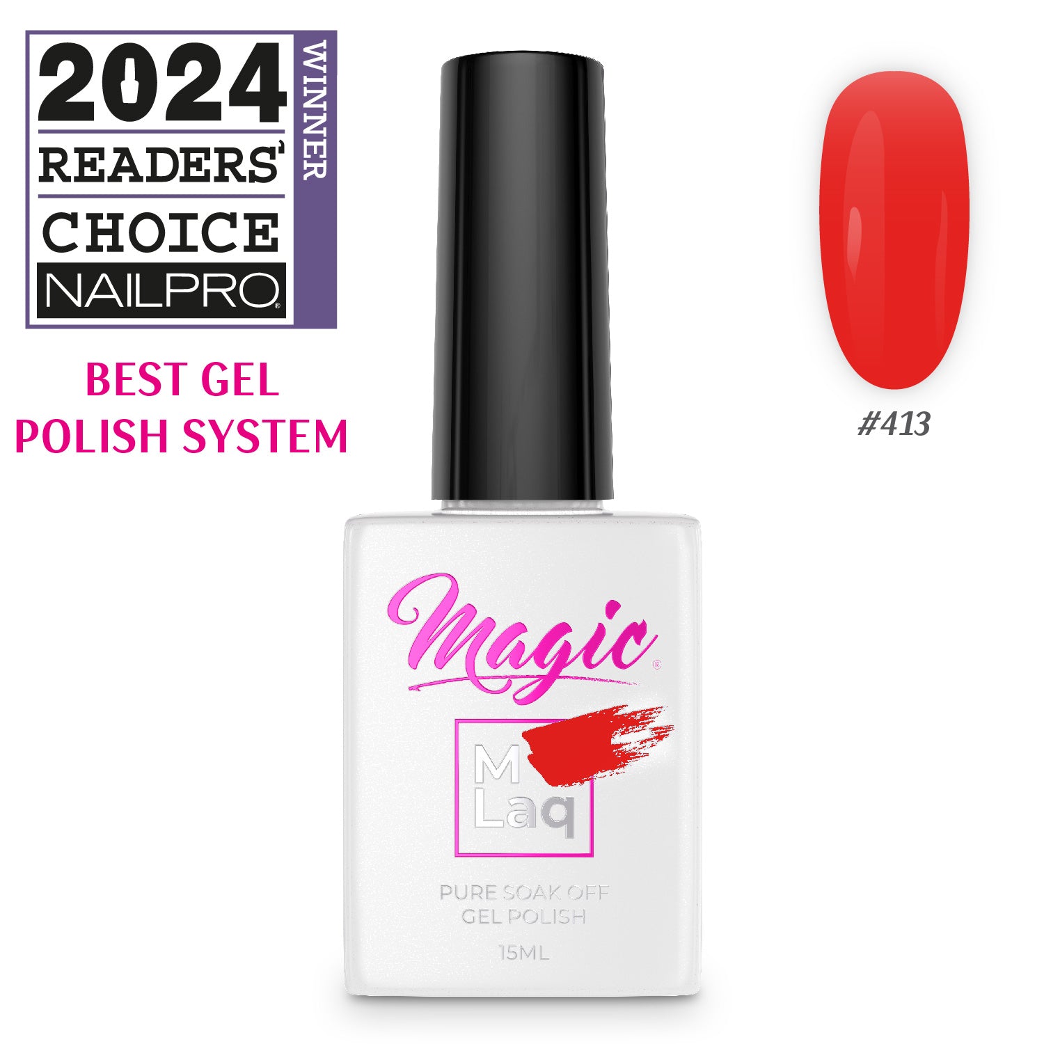 Magic nail polish bottle with red gel polish swatch and 2024 Readers' Choice award on a white background
