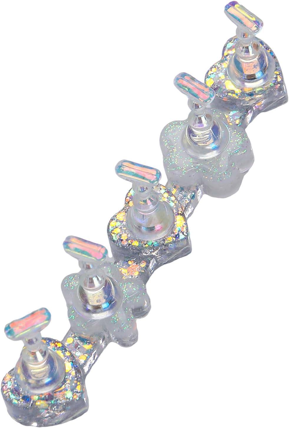 A set of five clear nail art gel pens with holographic glitter and iridescent pink accents, arranged diagonally on a white background.
