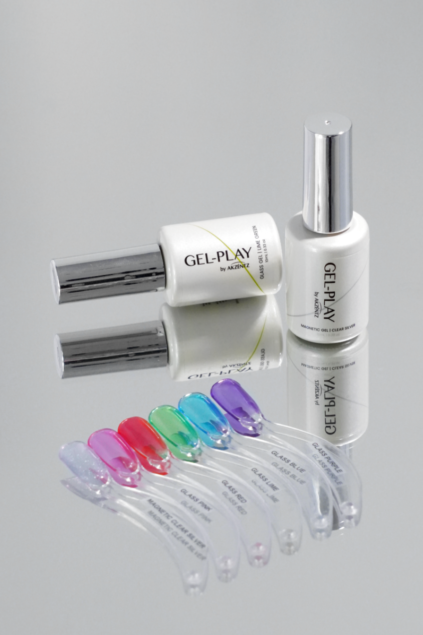 Akzentz Gel-Play Magnetic Clear Silver bottle with color-effect swatches