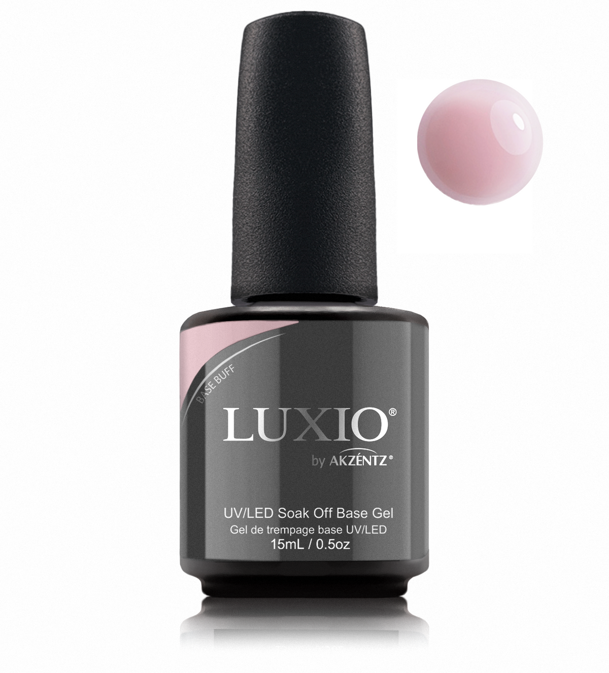 Luxio Naked Base Buff bottle with matching round gel color swatch