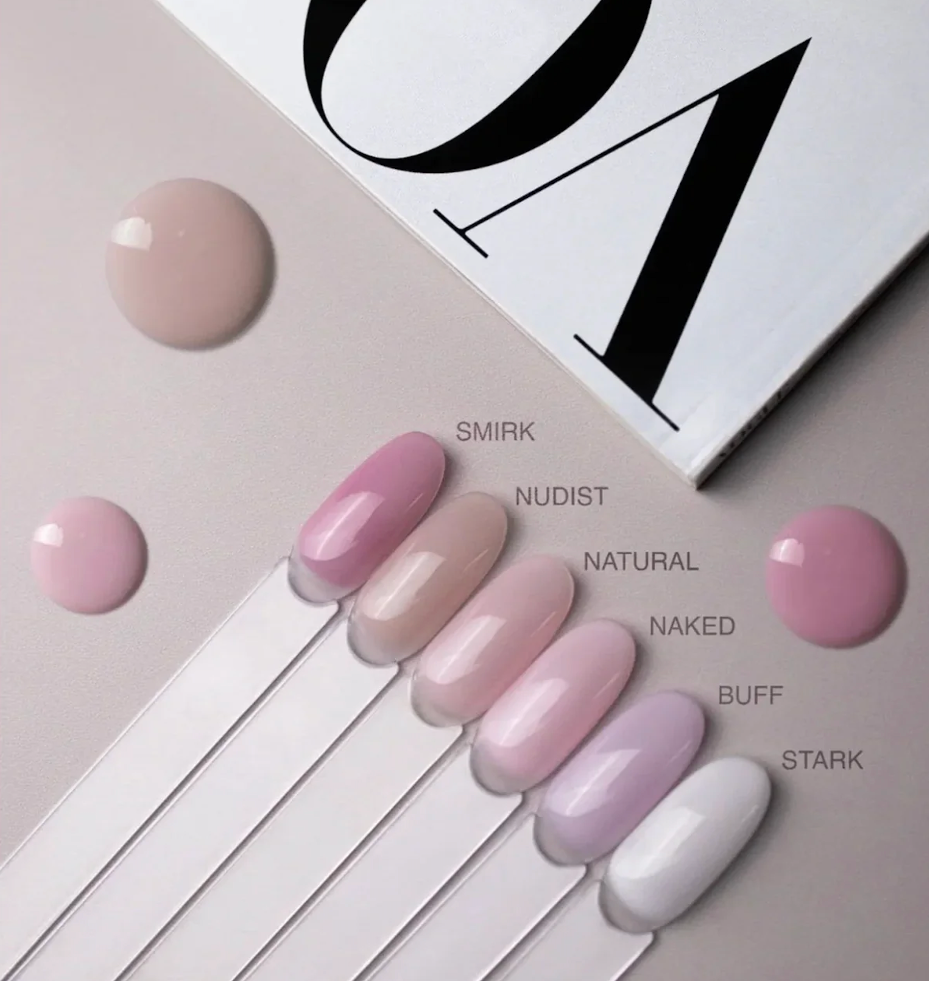 Luxio Naked Base Buff, Naked, Natural, Nudist, Smirk, and Stark nail swatches