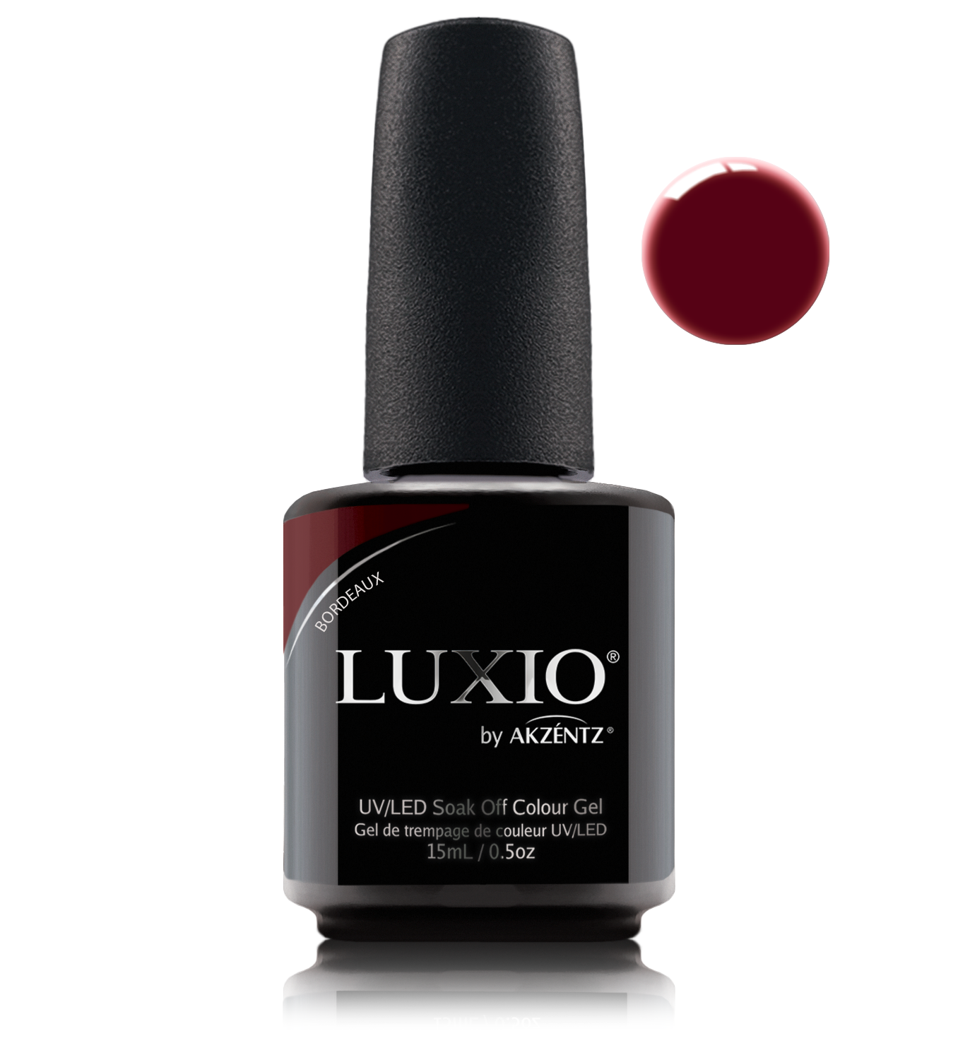 Akzentz Luxio Bordeaux 15 mL gel polish bottle with small round color swatch