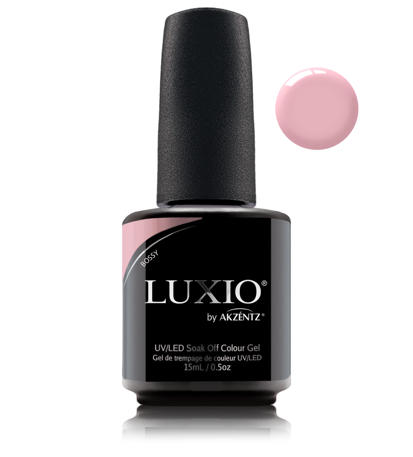 Akzentz Luxio Bossy 15 mL gel polish bottle with small round color swatch
