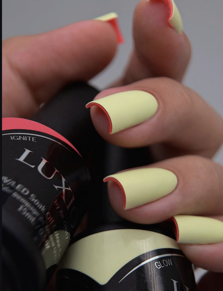 Akzentz Luxio Glow 15 mL gel polish bottle shown with a manicure