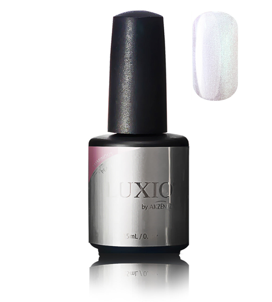 Akzentz Luxio Luminous Pearl 15 mL gel polish bottle with oblong color swatch