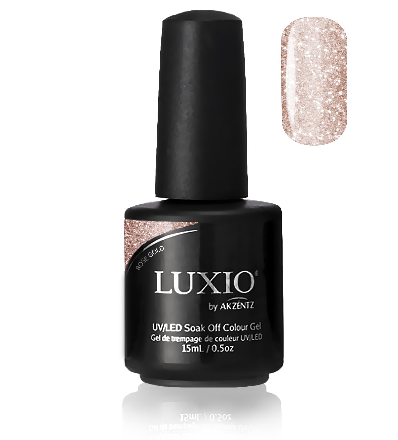 Akzentz Luxio Rose Gold 15 mL gel polish bottle with small round color swatch