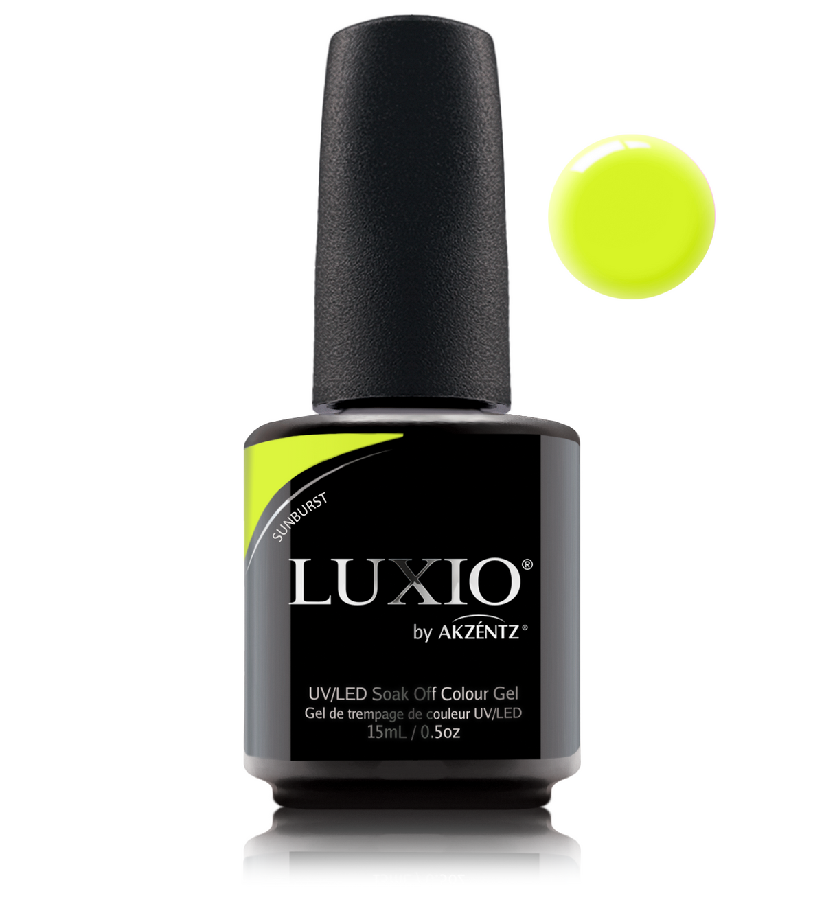 Akzentz Luxio Sunburst 15 mL gel polish bottle with small round color swatch