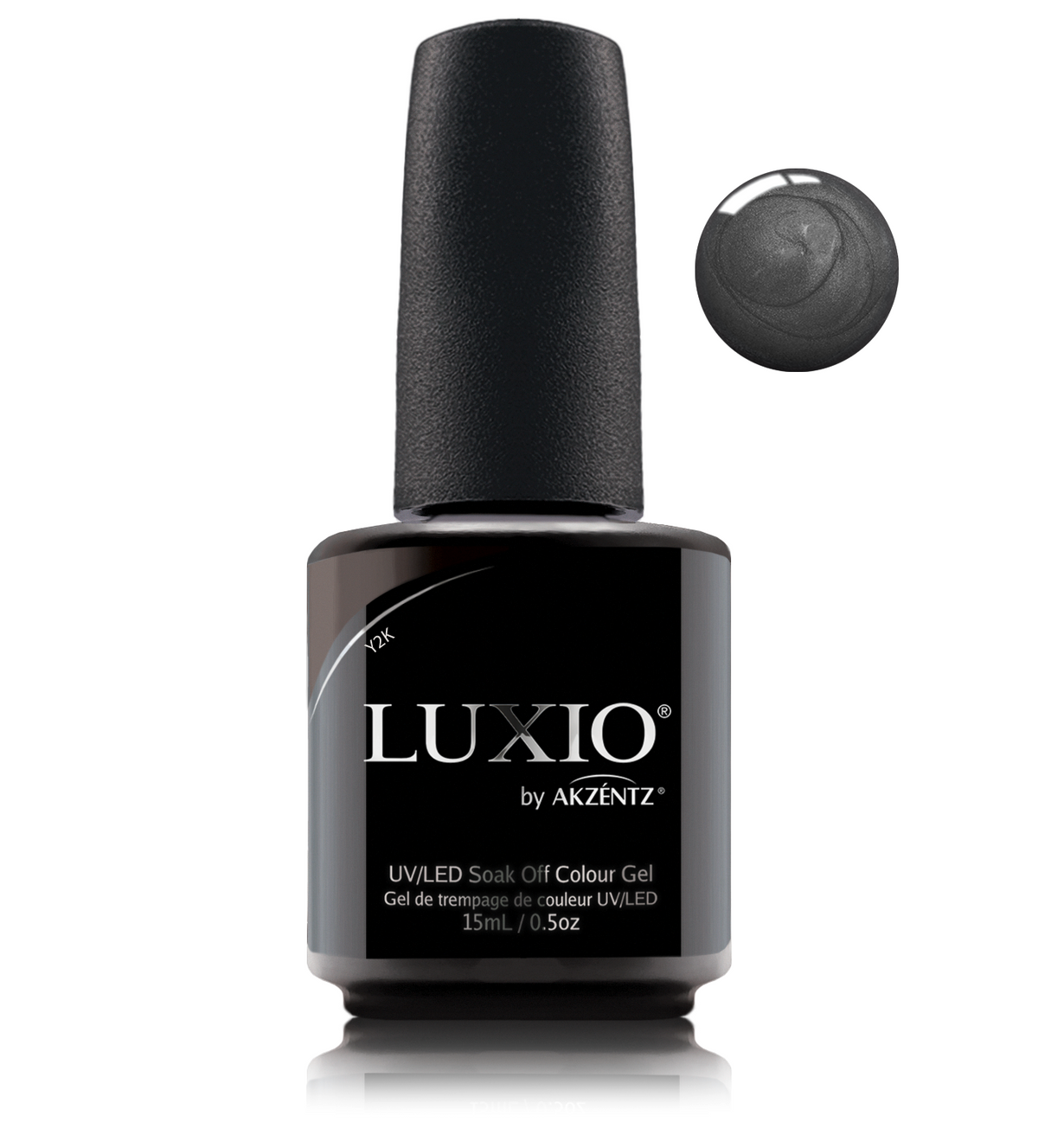 Akzentz Luxio Y2K 15 mL gel polish bottle with small round color swatch