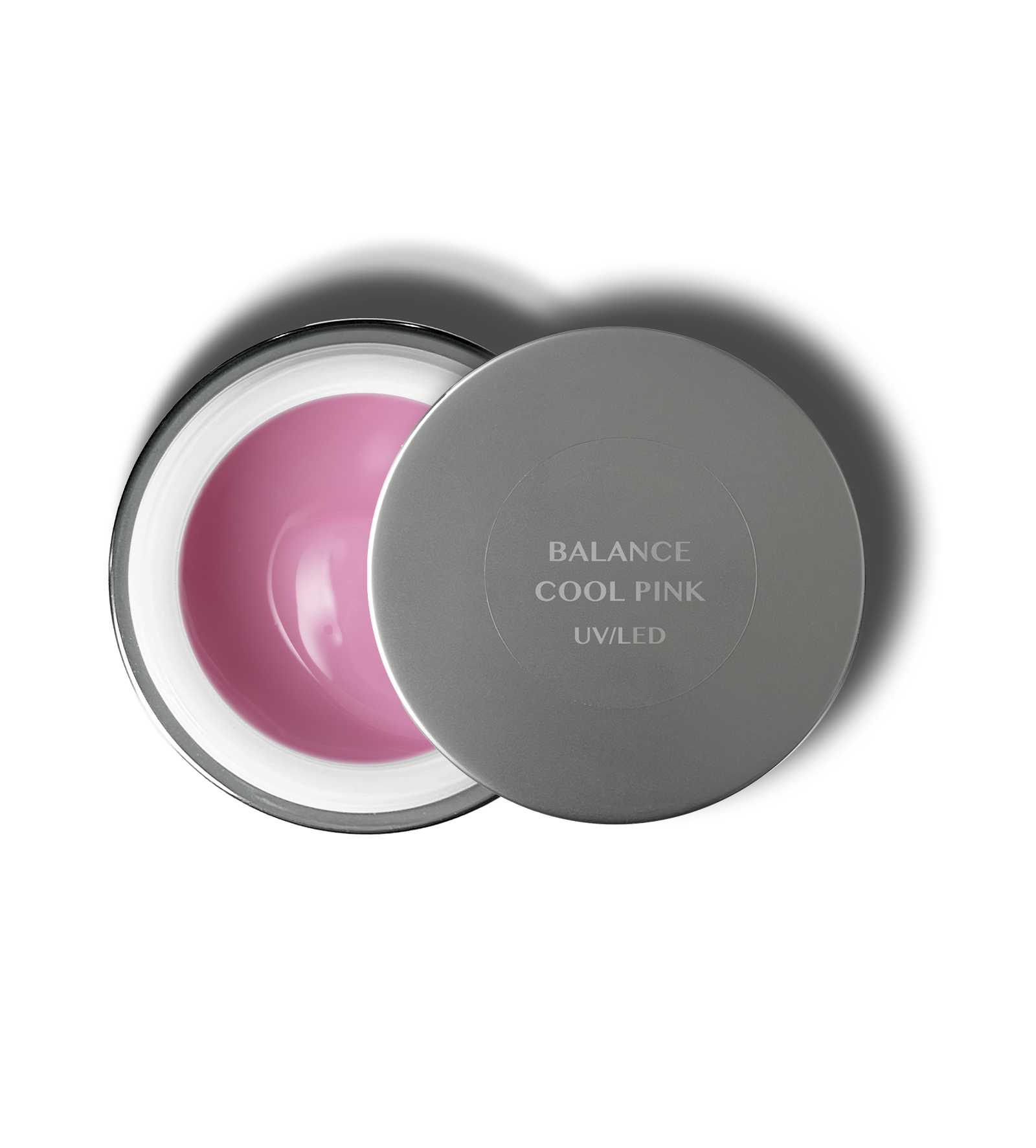 Balance Coverage Cool Pink open gel jar with matching labeled lid