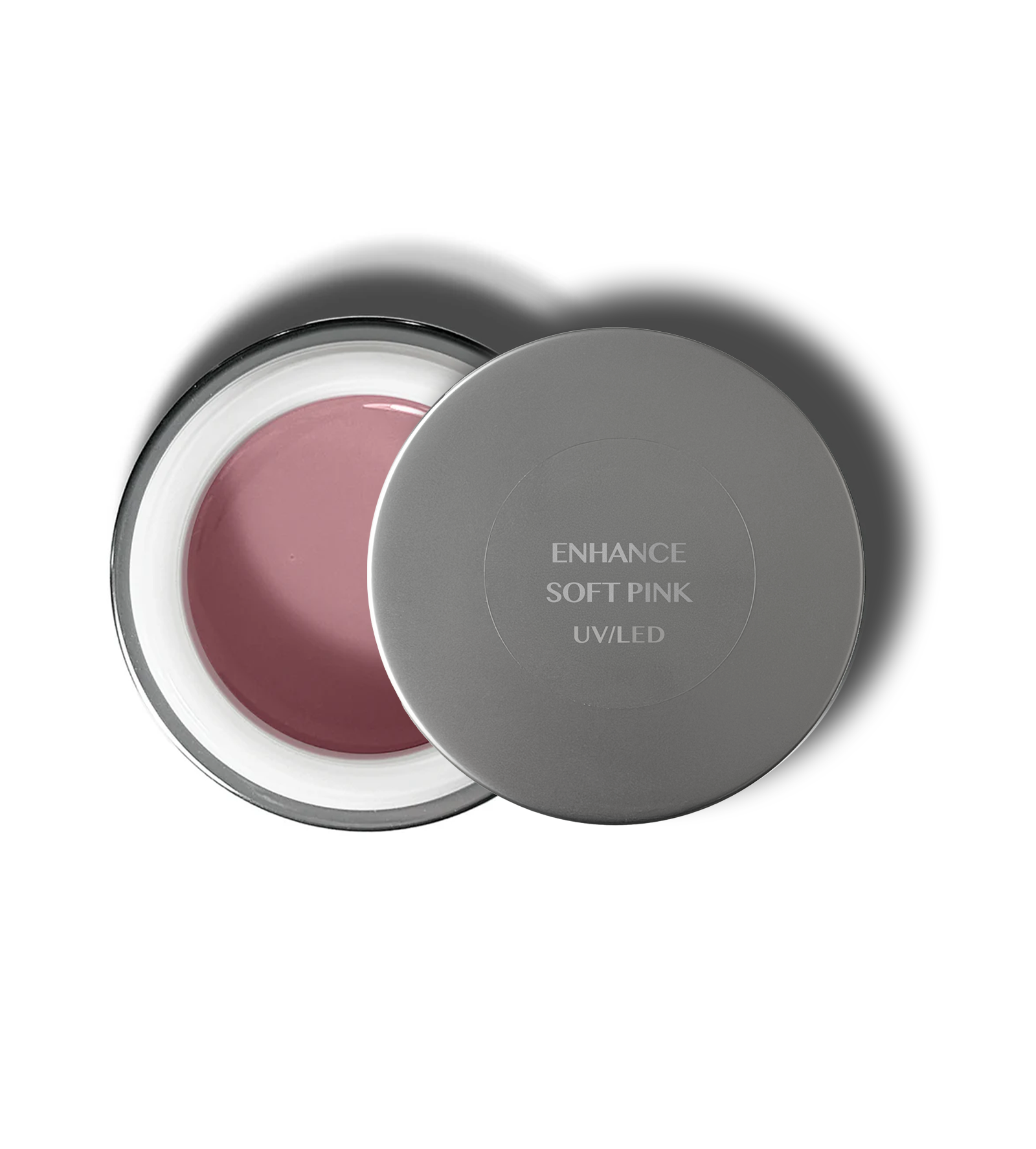 Enhance Soft Pink open gel jar with matching labeled lid