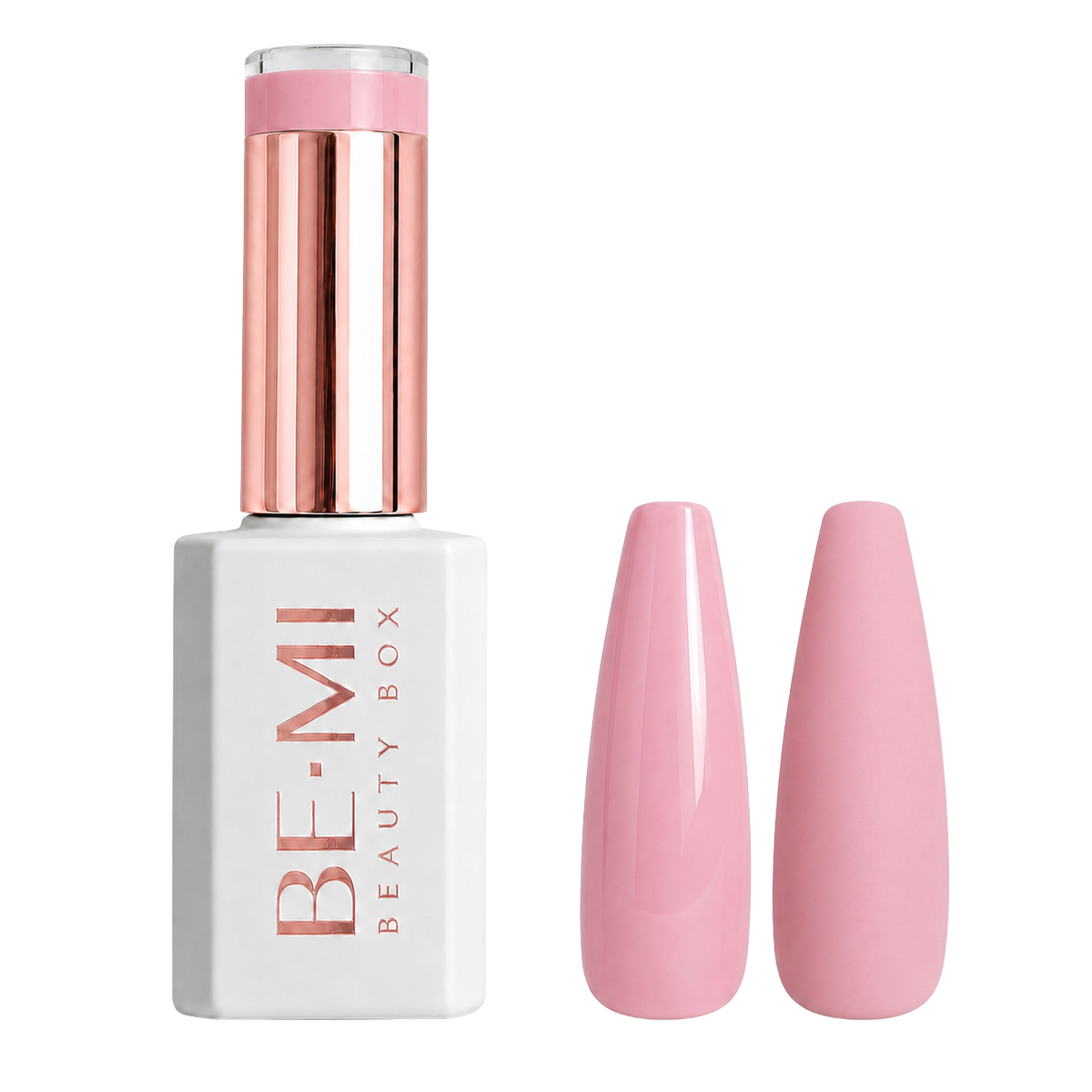 A bottle of BE-MI Beauty Box gel nail polish with a metallic rose gold cap and a white base, shown next to two glossy pink nail tips on a light gray background.