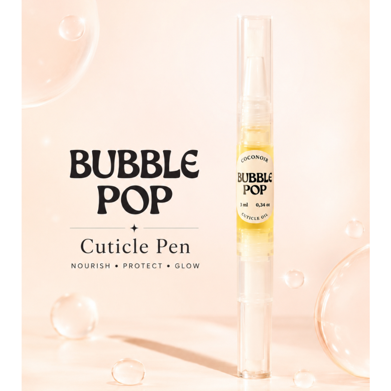 Bubble Pop cuticle pen on a light pink background with bubbles