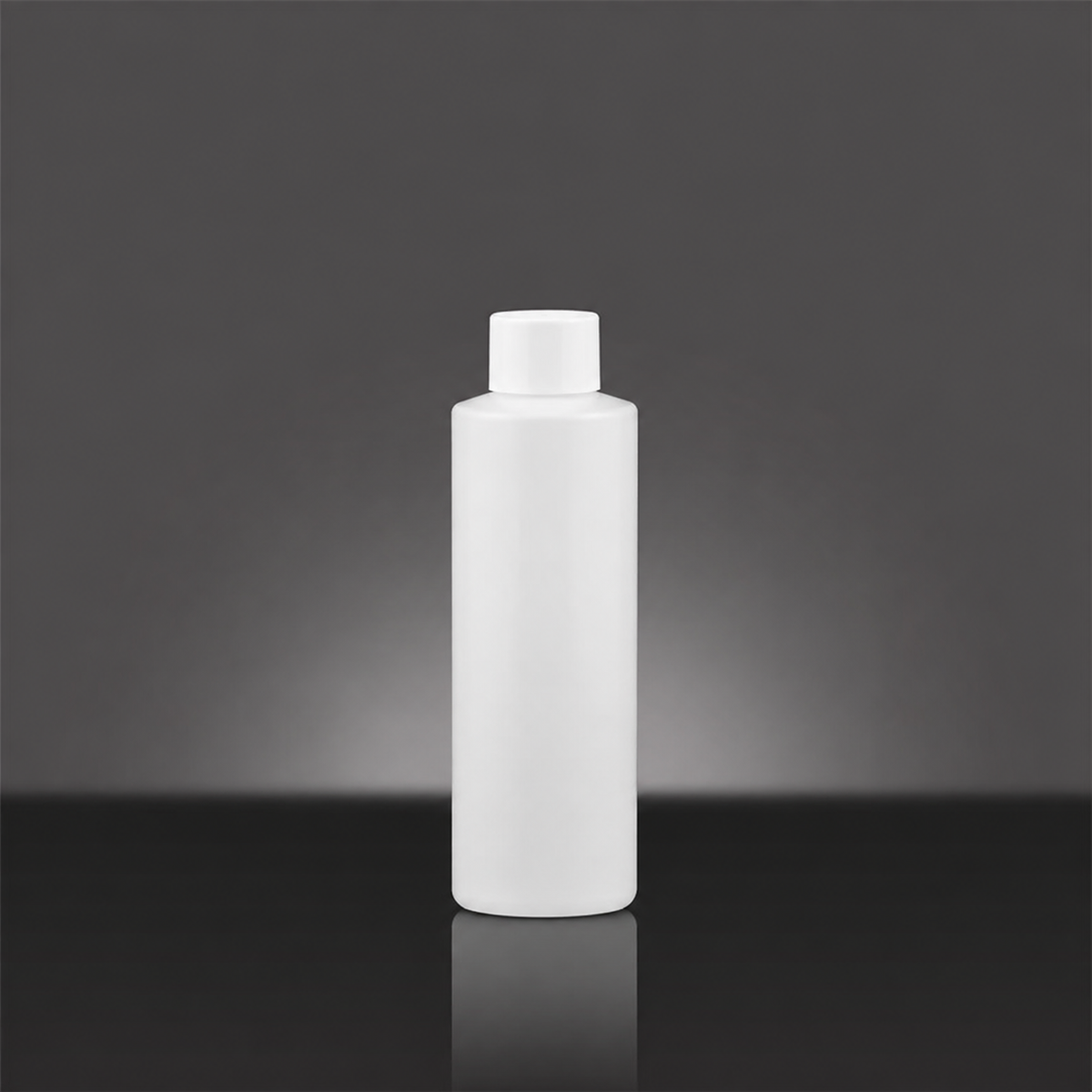 A plain white cylindrical plastic bottle with a matching screw cap, standing upright on a dark reflective surface against a dark gray gradient background.