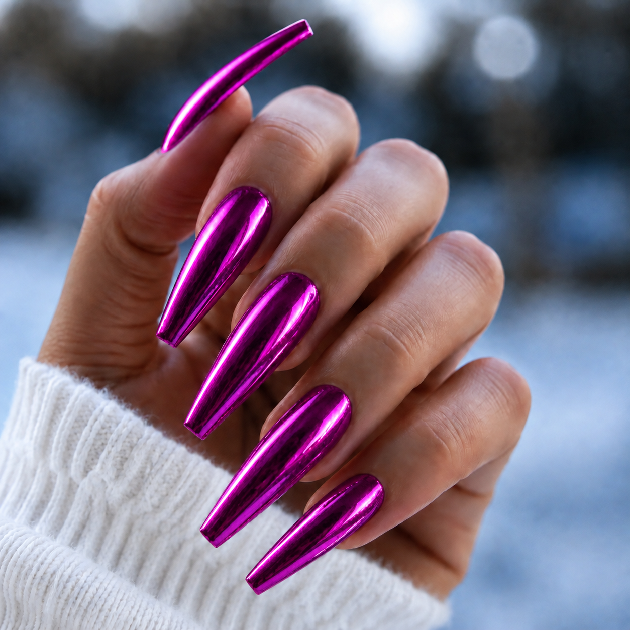 BEMI Chroma Berry Chrome shown on long coffin nails
