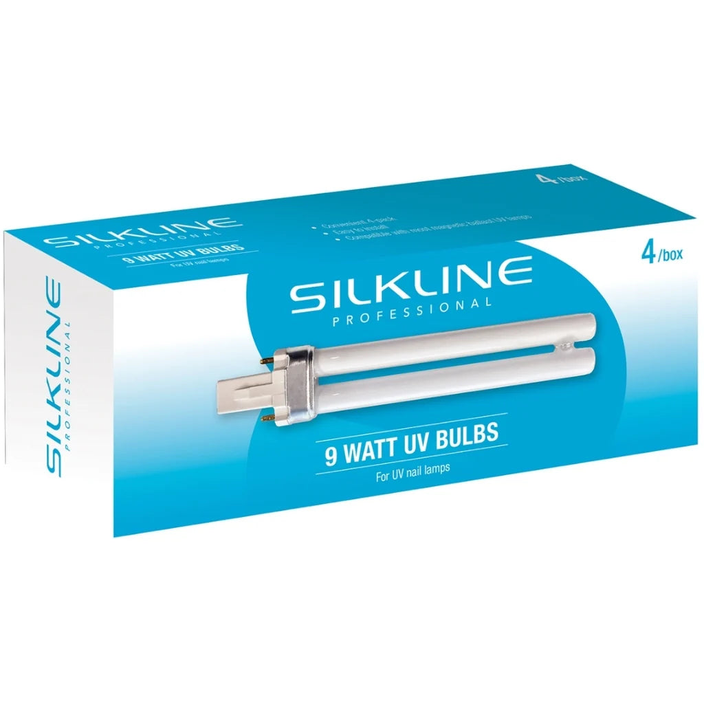 Silkline Professional 9 Watt UV replacement bulbs box, containing 4 bulbs, shown on a clean white background.