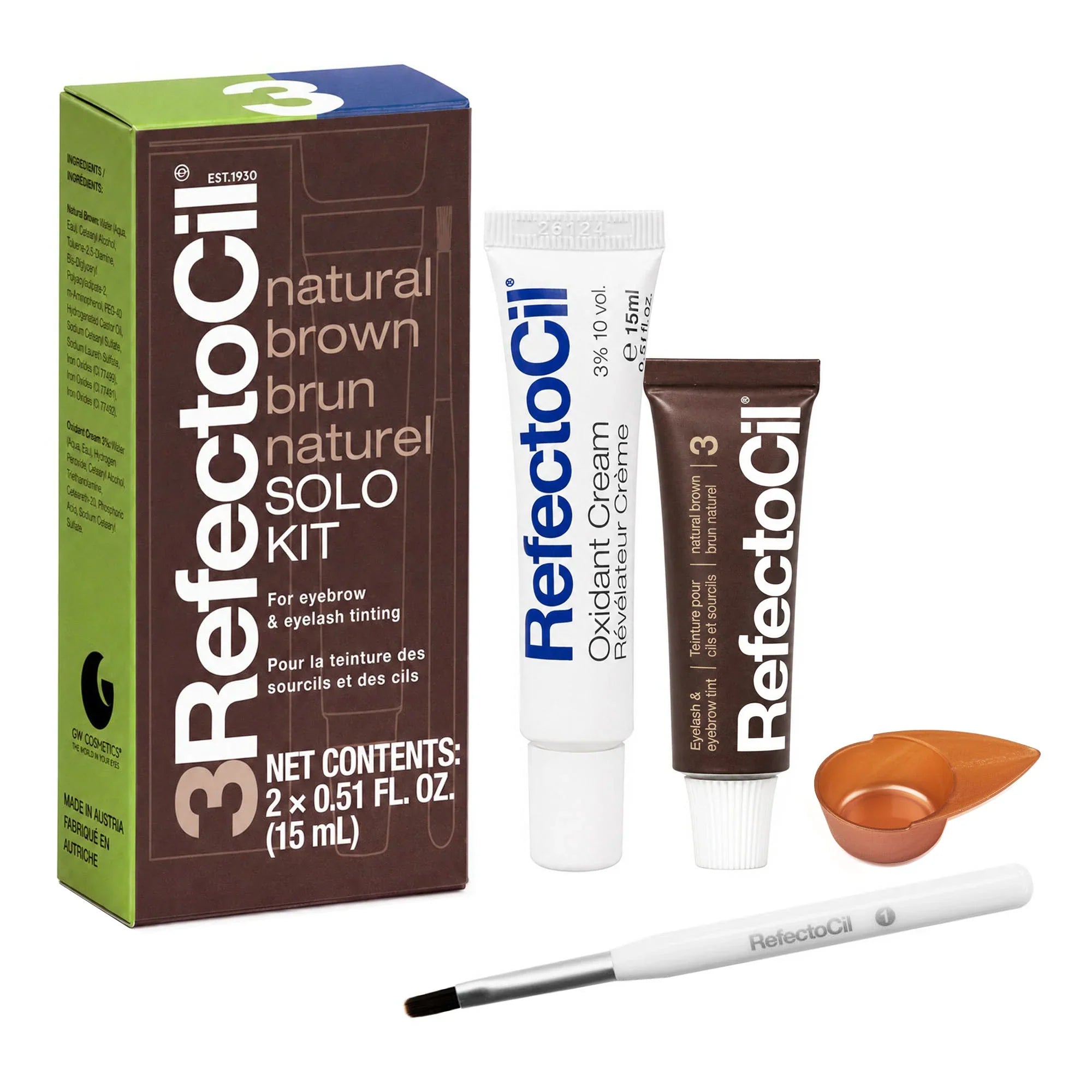 RefectoCil NEW Solo Kit Natural Brown with tint, oxidant, brush, and application dish