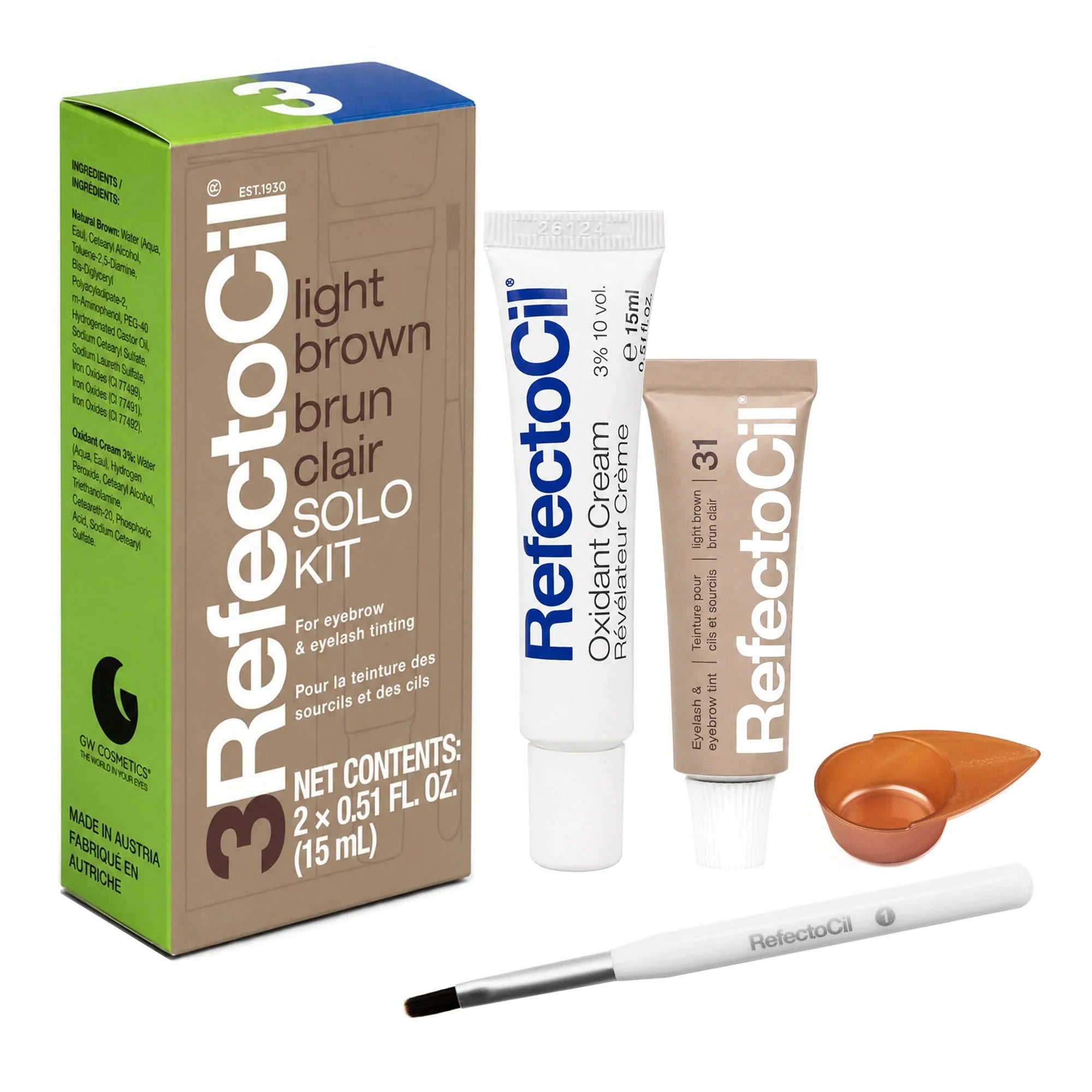 RefectoCil NEW Solo Kit Light Brown with tint, oxidant, brush, and application dish