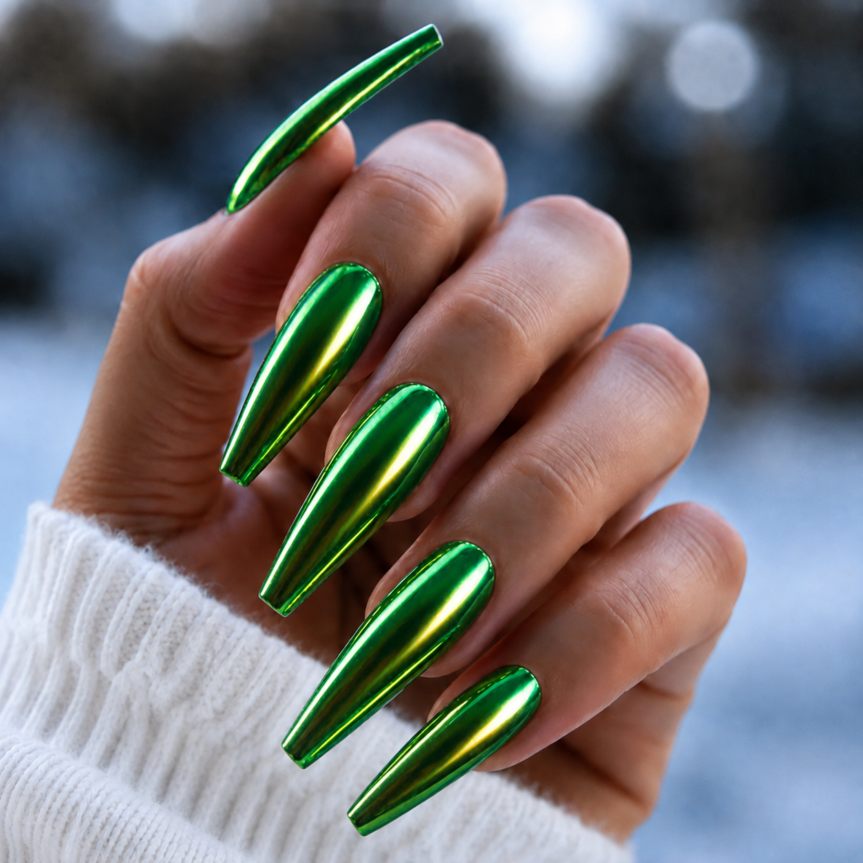 BEMI Flora Chrome shown on long coffin nails