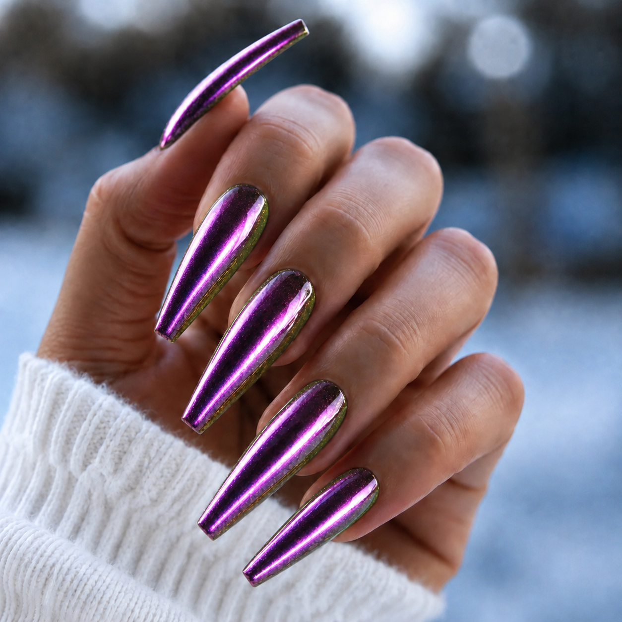 BEMI Iris Chrome shown on long coffin nails