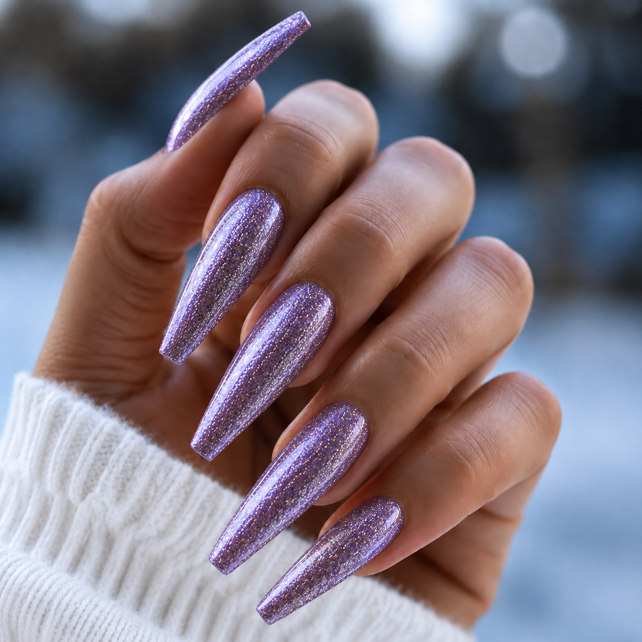 BEMI Metal Leaf Gel - Lilac - 5ml shown on long coffin nails