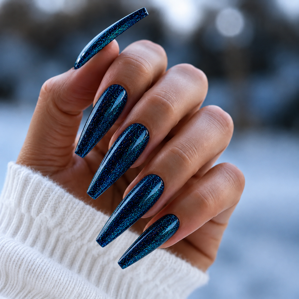 BEMI Metal Leaf Gel Midnight 5ml shown on long coffin nails