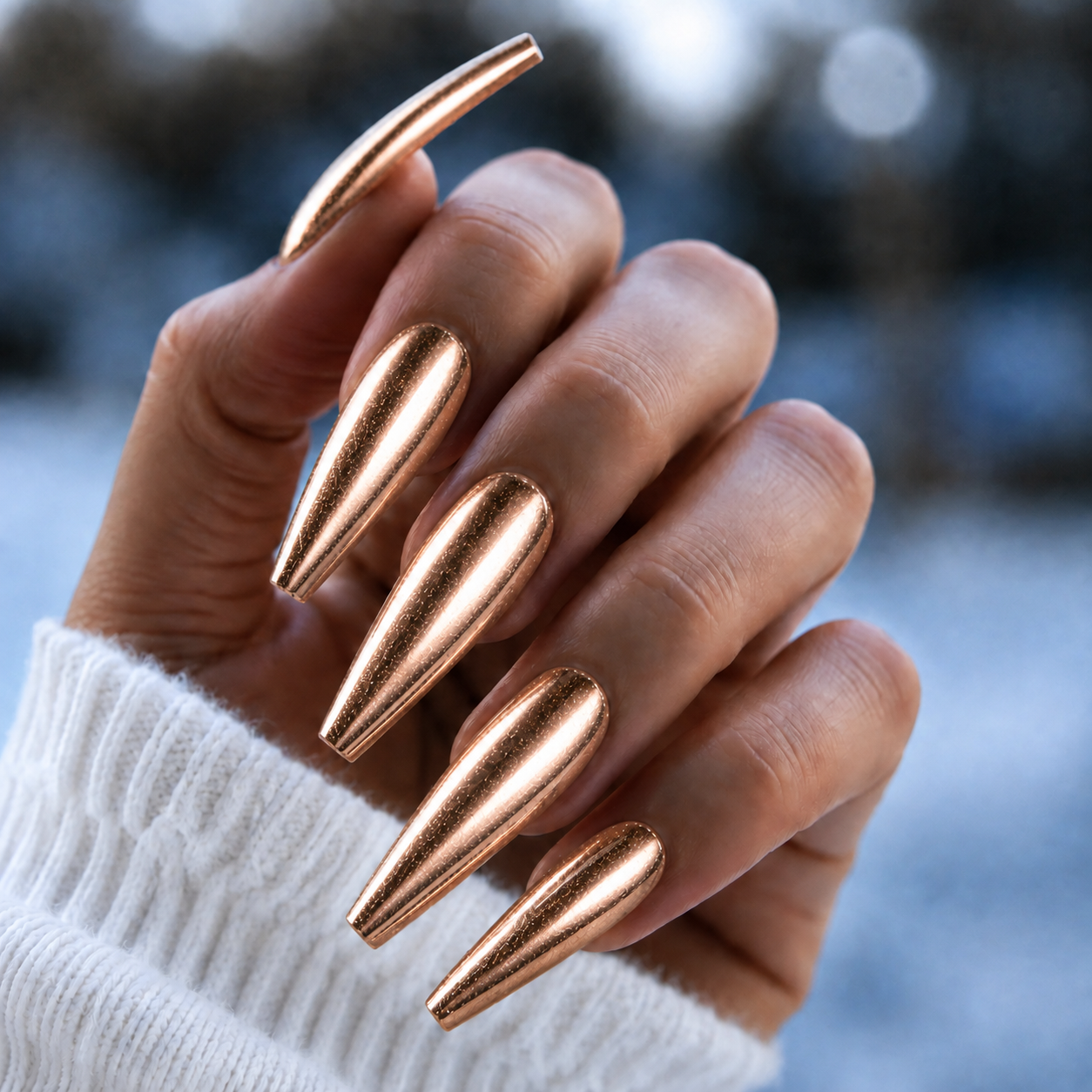 BEMI Rose Gold Chrome shown on long coffin nails