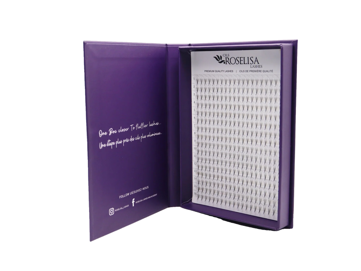 Roselisa - Promade Volume Fans - C-Curl - 8D x 13mm open purple display box and lash tray