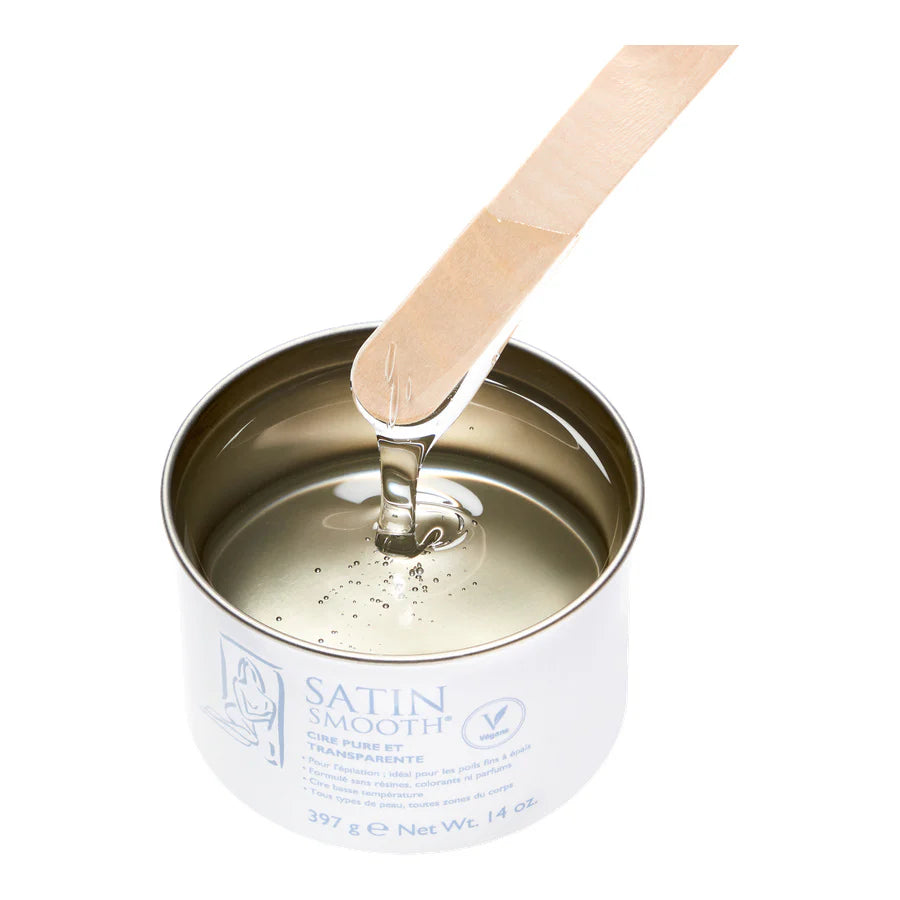 Can of satin smooth wood finish with a wooden applicator on a white background