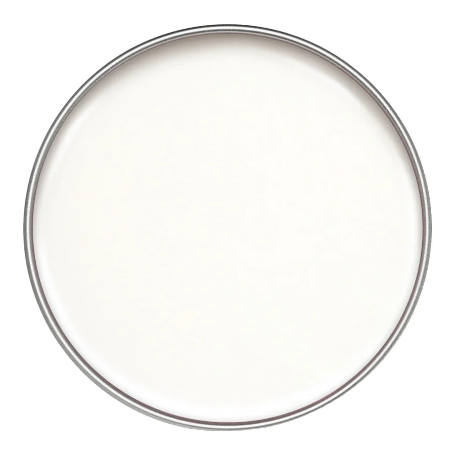 A top-down view of a round, off-white paint can with a metallic silver rim on a solid white background.