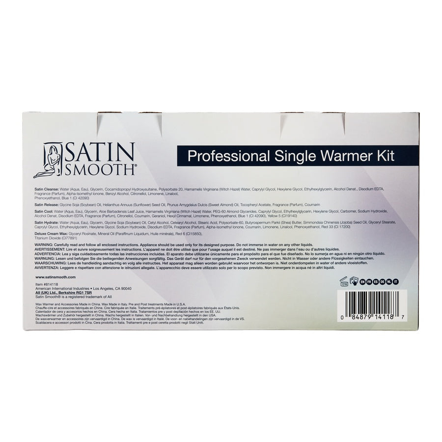 Back of Satin Smooth Professional Single Wax Warmer Kit packaging with kit details