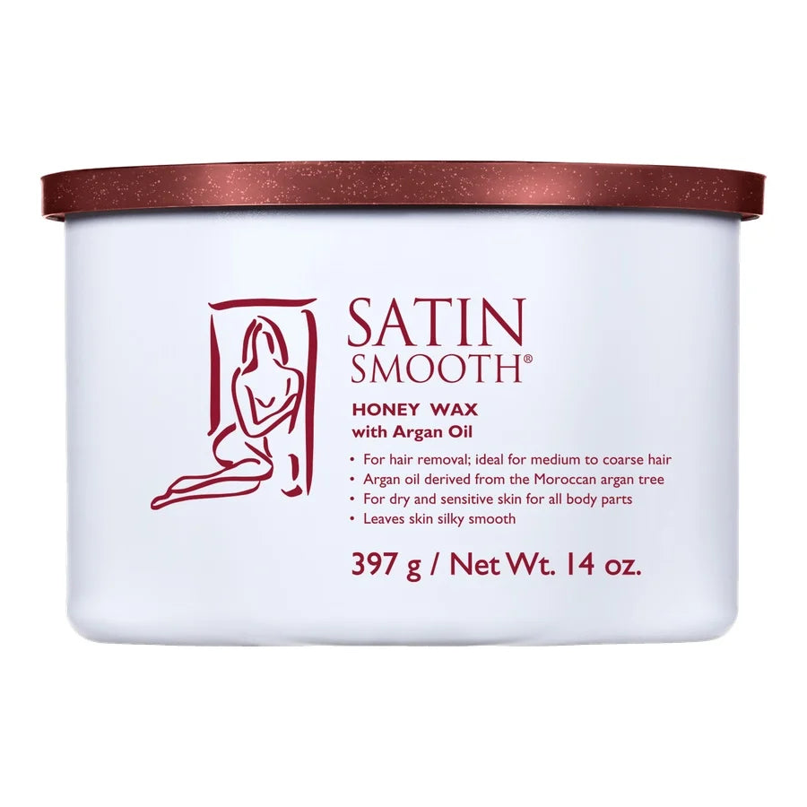 Satin Smooth honey wax with argan oil container on a white background