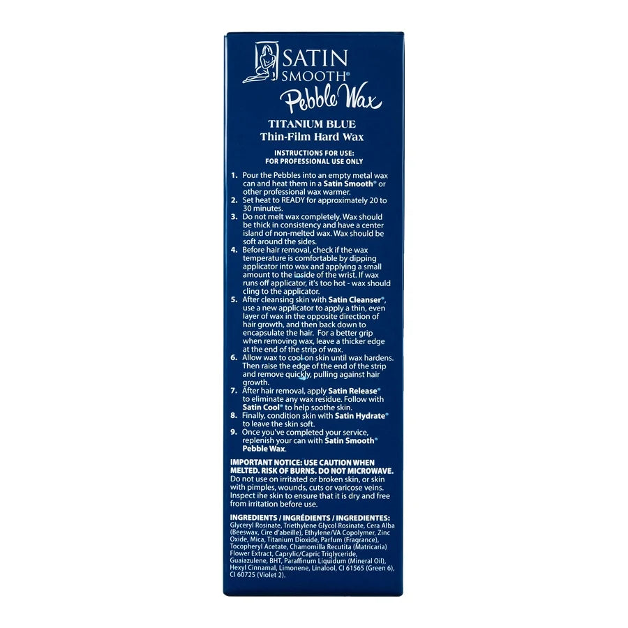 Satin Smooth Pliable Wax packaging with blue label and white text on a white background
