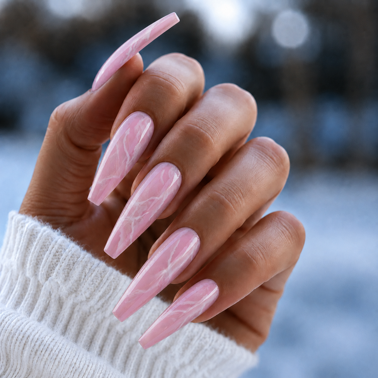 BEMI Quartz Gel - Strawberry - 15ml shown on long coffin nails