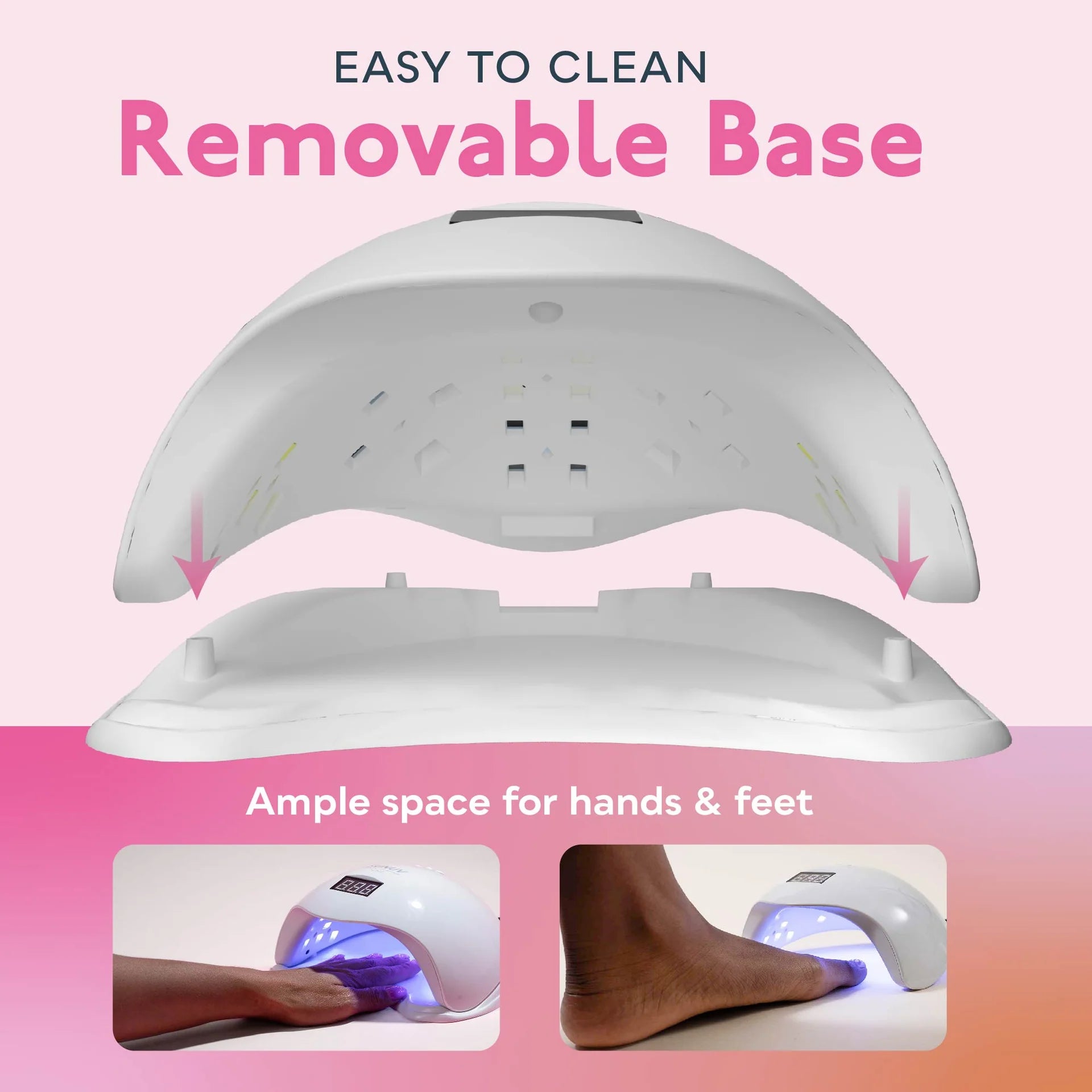 Gel nail dryer with removable base on a pink background