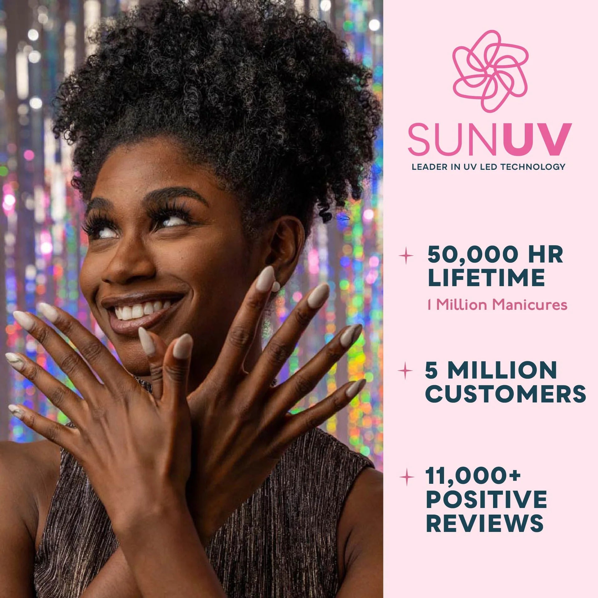 Woman with well-manicured nails smiling, with SUNUV branding and product features on the right.