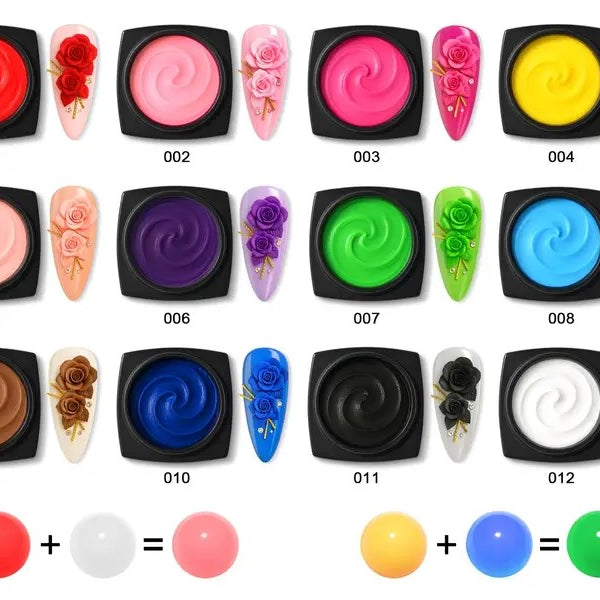 A color chart showing 12 different gel nail polish colors, each displayed in a black square pot with a decorative nail tip sample and a number underneath (001 to 012). The colors include red, pink, rose, yellow, peach, purple, green, blue, brown, black, and white.