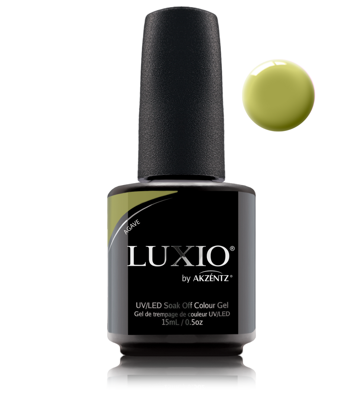 Akzentz Luxio Agave 15 mL color gel bottle with matching small round color swatch