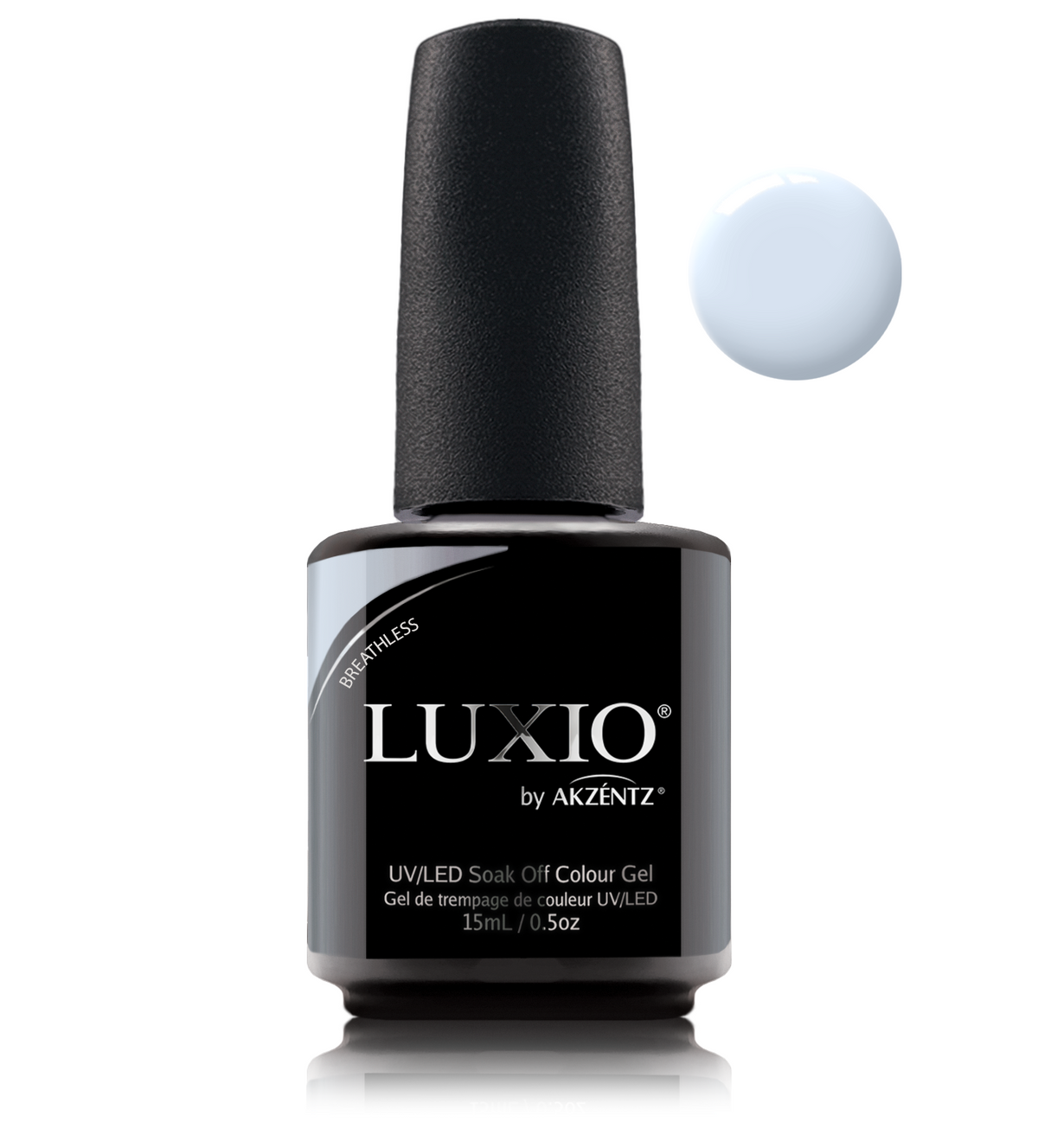 Akzentz Luxio Breathless 15 mL color gel bottle with swatch