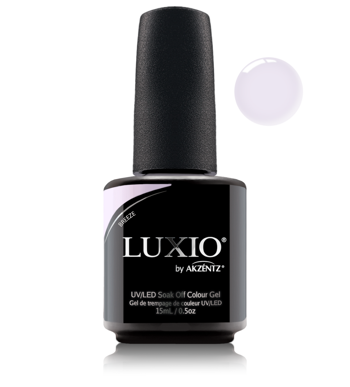 Akzentz Luxio Breeze 15 mL color gel bottle with matching small round color swatch
