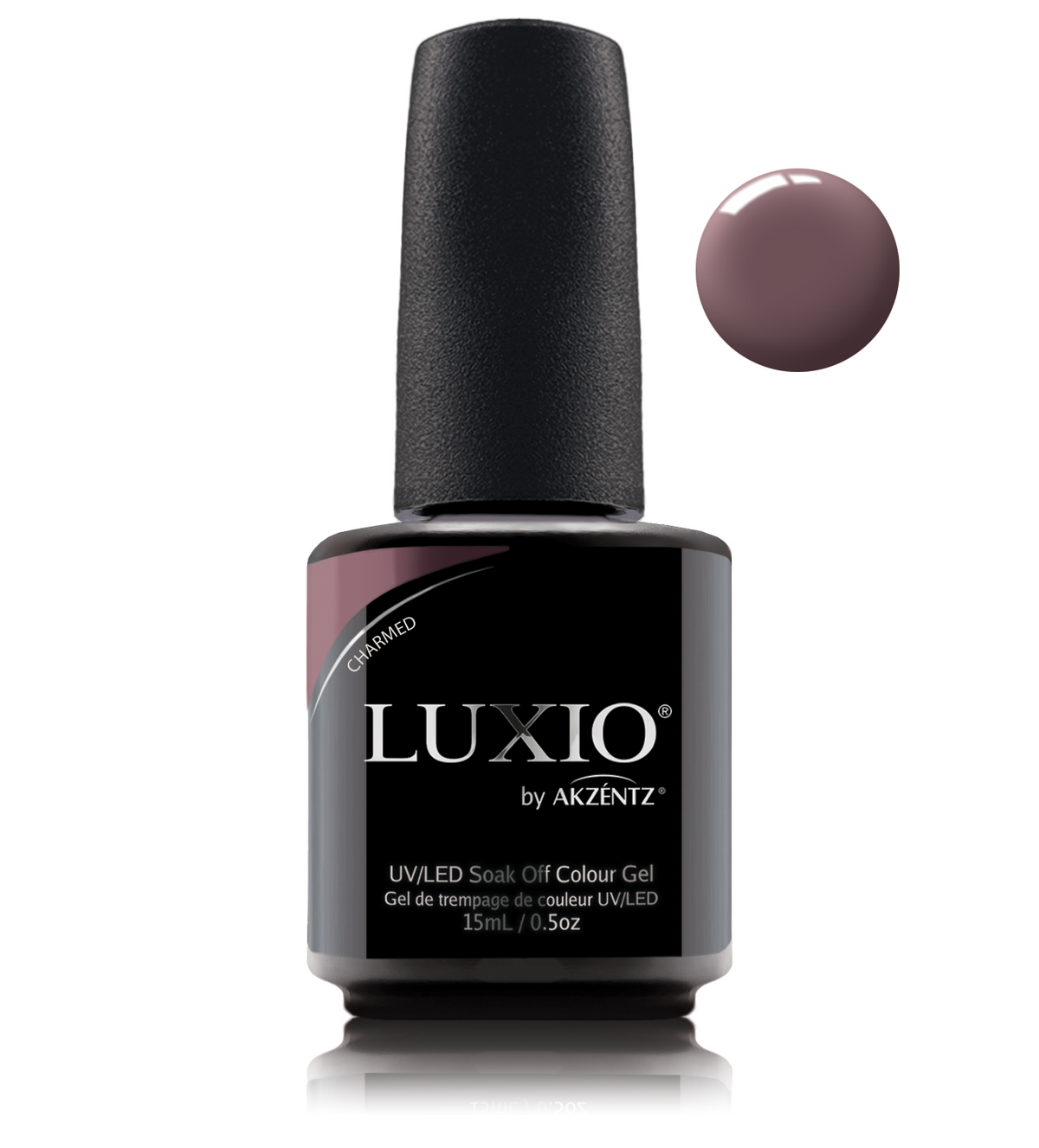 Akzentz Luxio Charmed 15 mL color gel bottle with matching small round color swatch