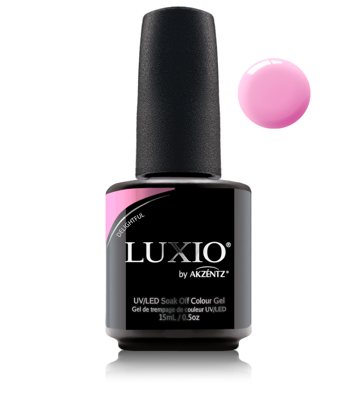Akzentz Luxio Delightful 15 mL color gel bottle with matching small round color swatch