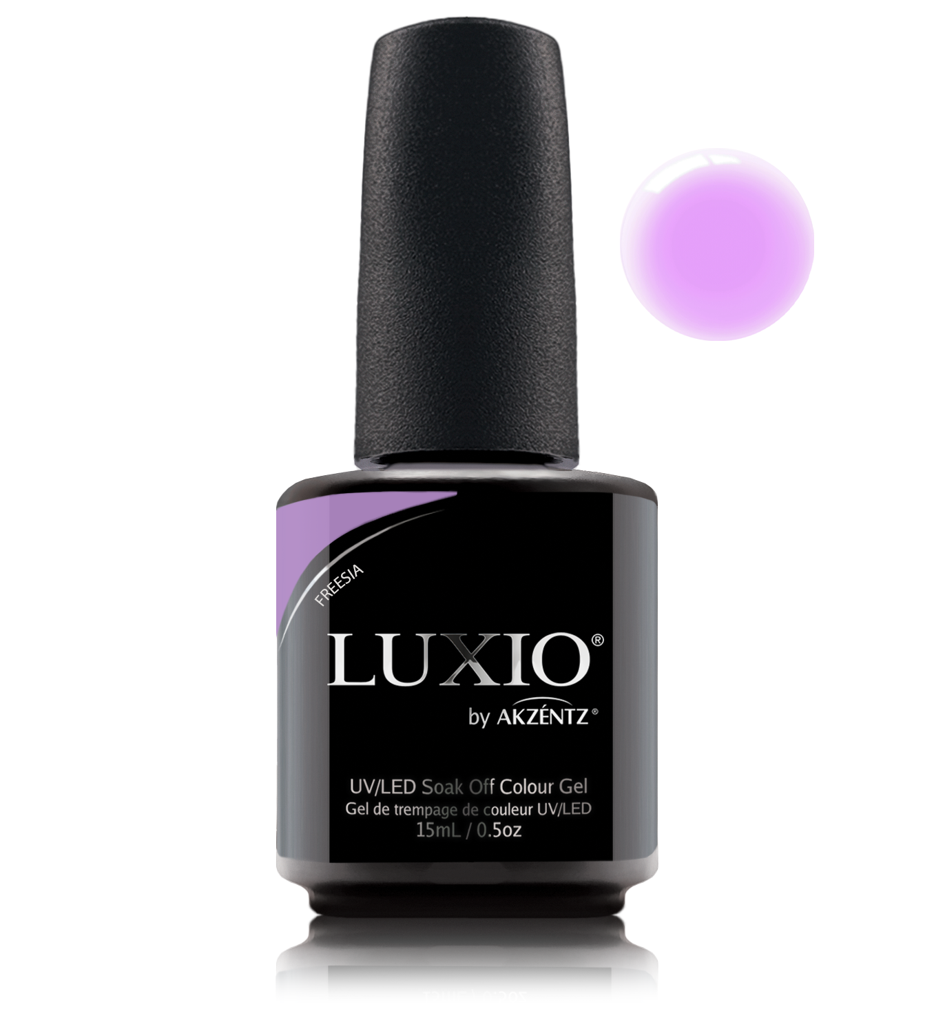 Akzentz Luxio Freesia 15 mL color gel bottle with matching small round color swatch