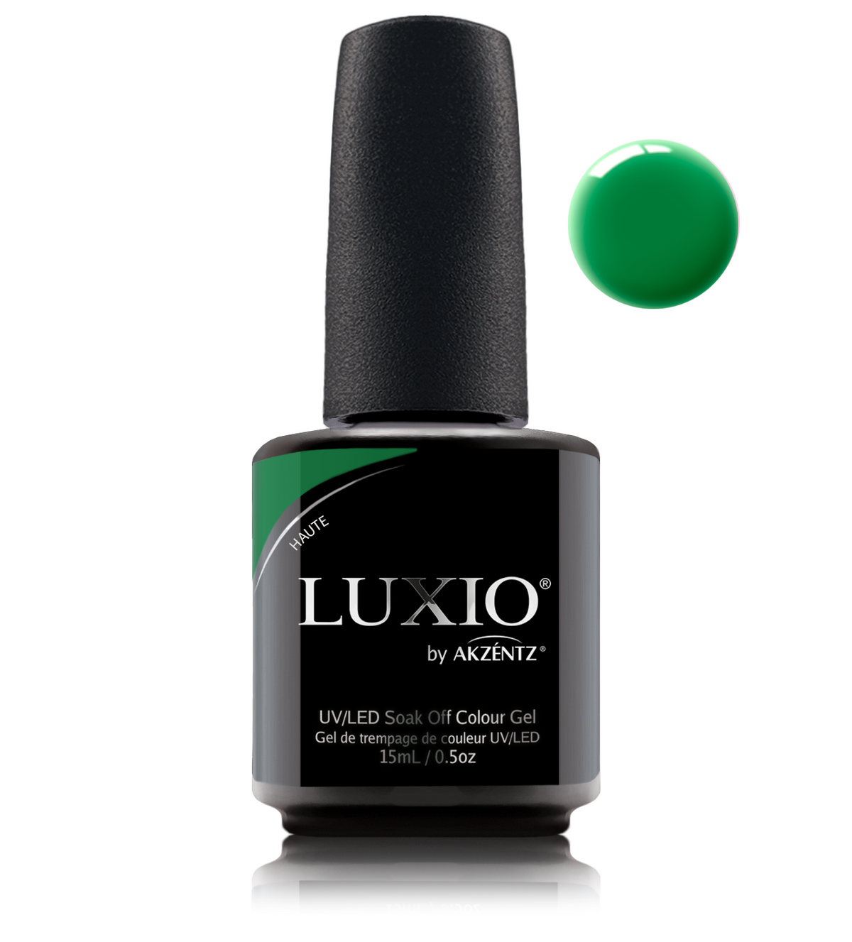 Akzentz Luxio Haute 15 mL color gel bottle with matching small round color swatch