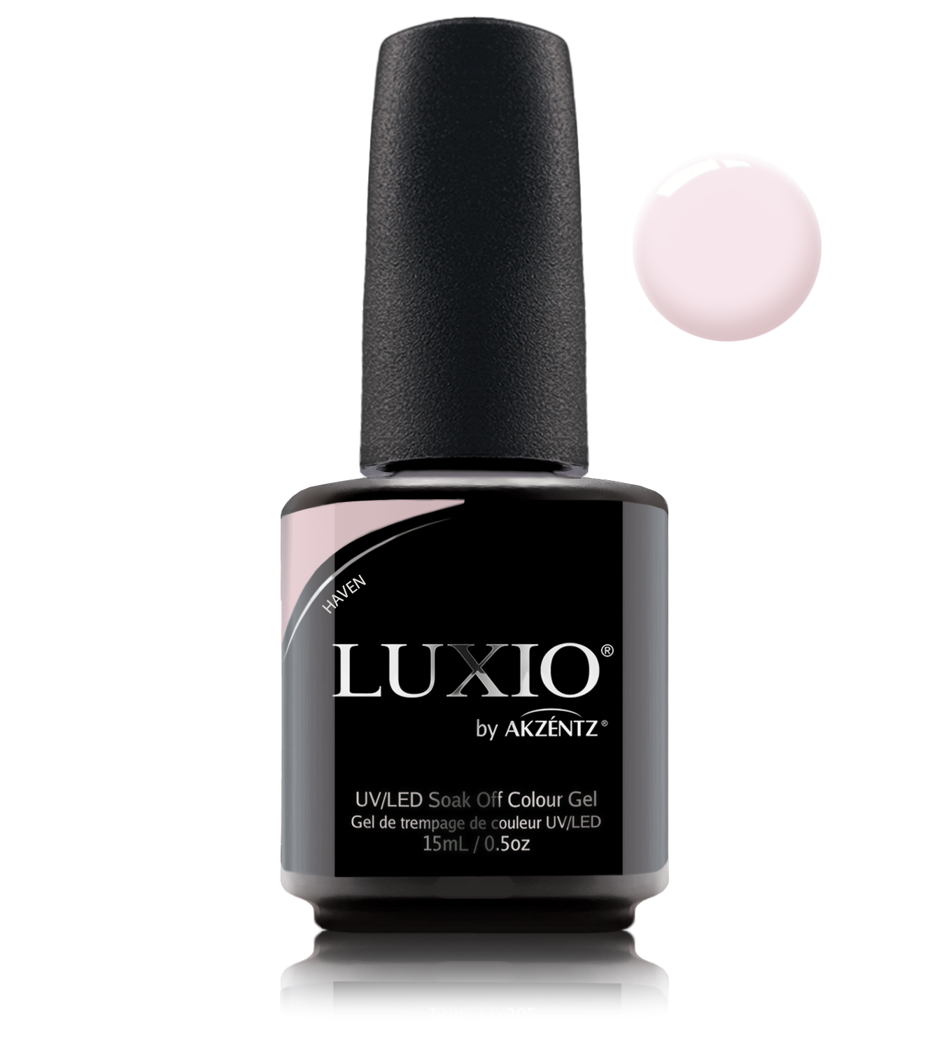 Akzentz Luxio Haven 15 mL color gel bottle with matching small round color swatch